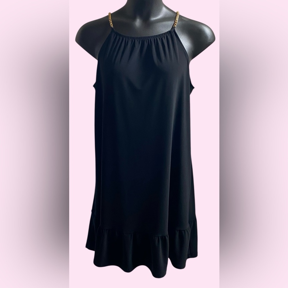 Nicole Miller Black Sleeveless Dress W/Gold Chain Straps Size Large